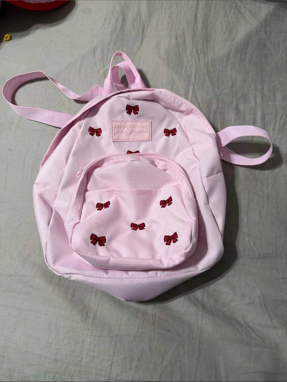 Jansport Pink Backpack with Red Bow Embroidery